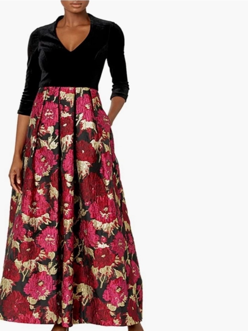 Eliza J Black Velvet Top Jacquard Ballgown Maxi Dress in Black & Fuchsia Size 8